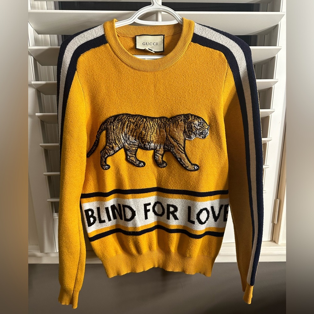 GUCCI
Tiger Patch Wool Crew Neck Sweater, Yellow